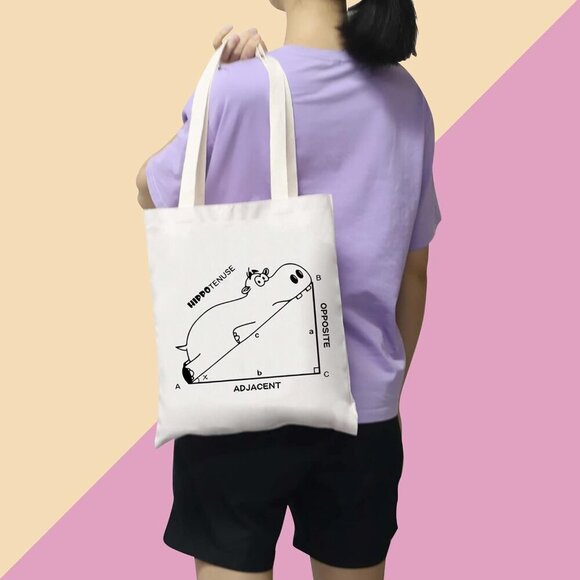 Hippo Tote Bag Canvas Unisex Gift for Math Lover Travel Beach Carryall - Picture 4 of 7